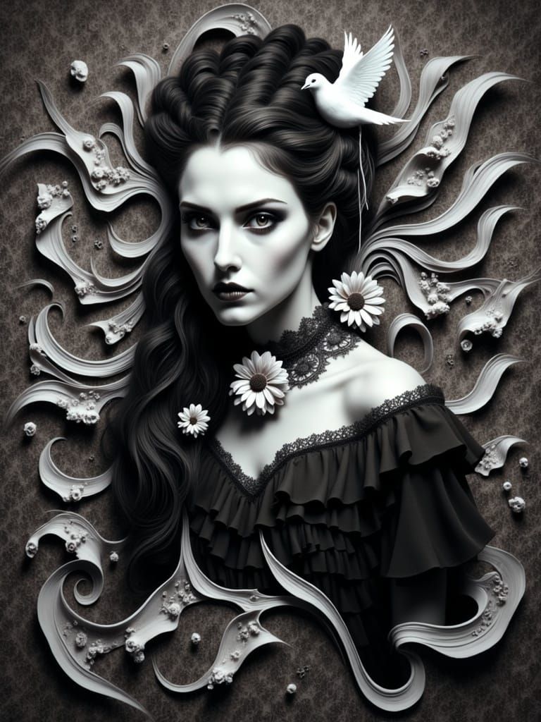 Ethereal Woman in Mystical, Victorian-Inspired Gown with Bir...