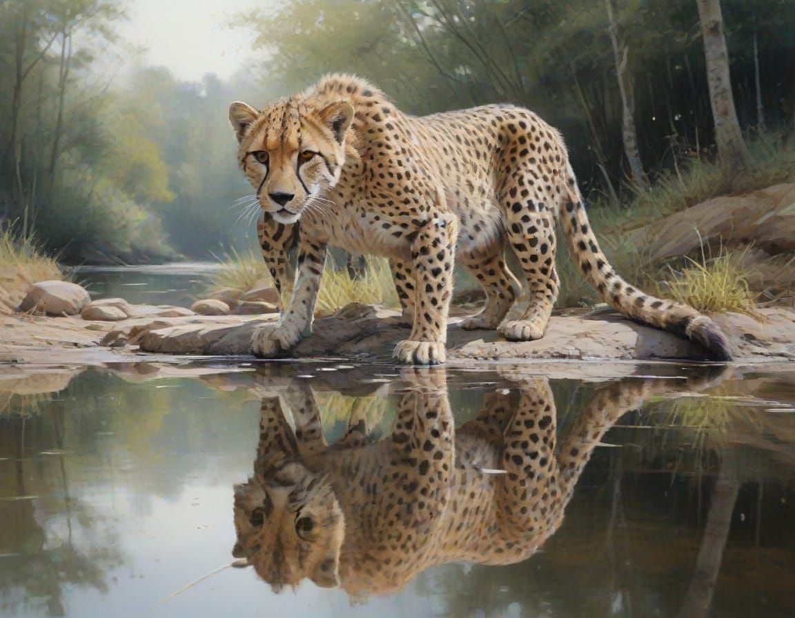 Cheetah Drinks From Mirrored Pond in Painterly Realism