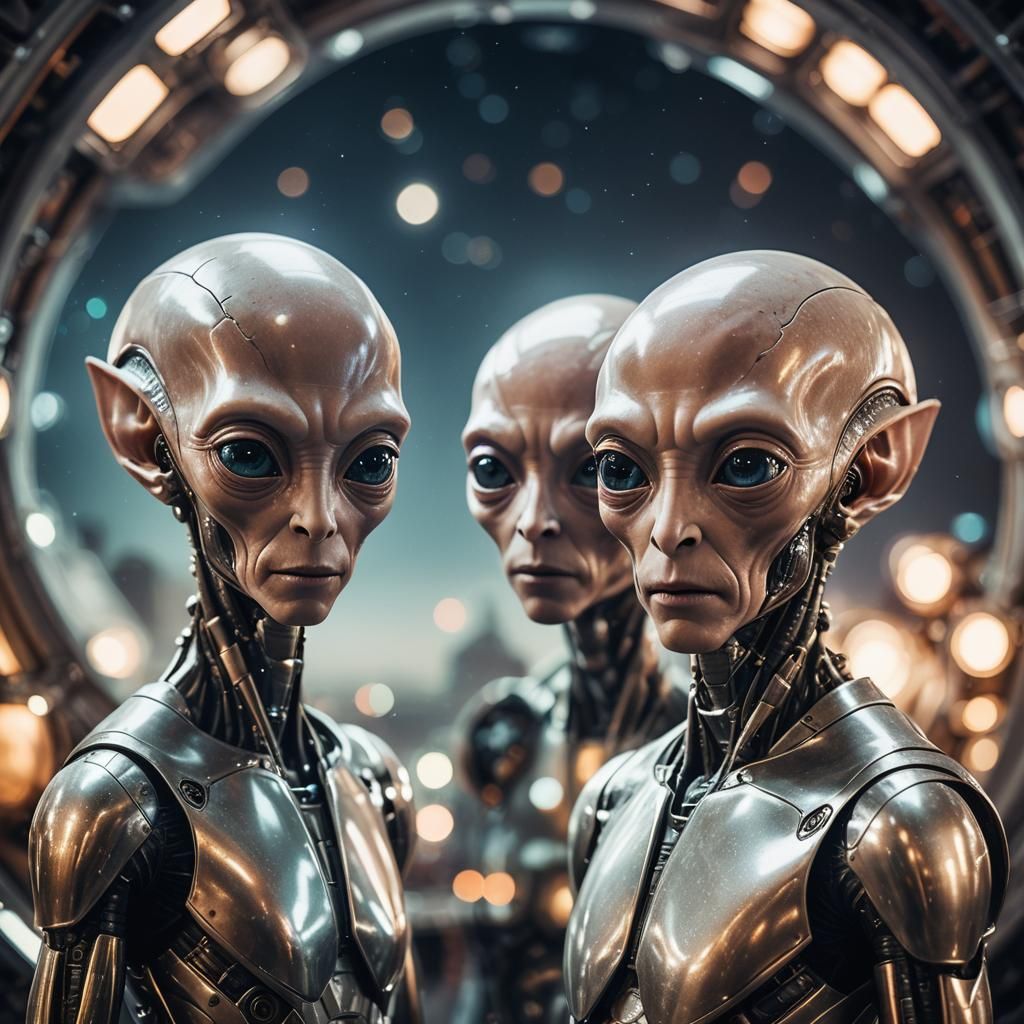 Surreal Alien Portrait with Spacecraft in Background