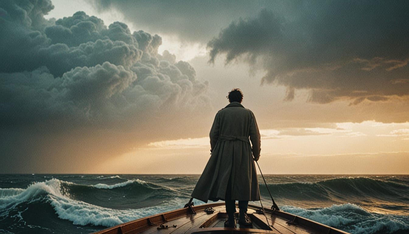 Ethereal Sailor at the Helm of a Stormy Vessel