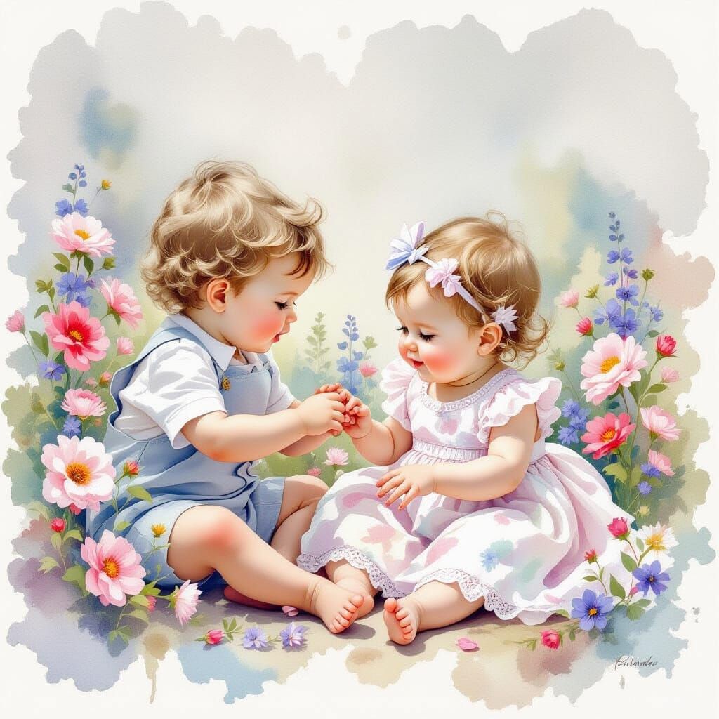 Ethereal Watercolour of Siblings Playing Dress Up