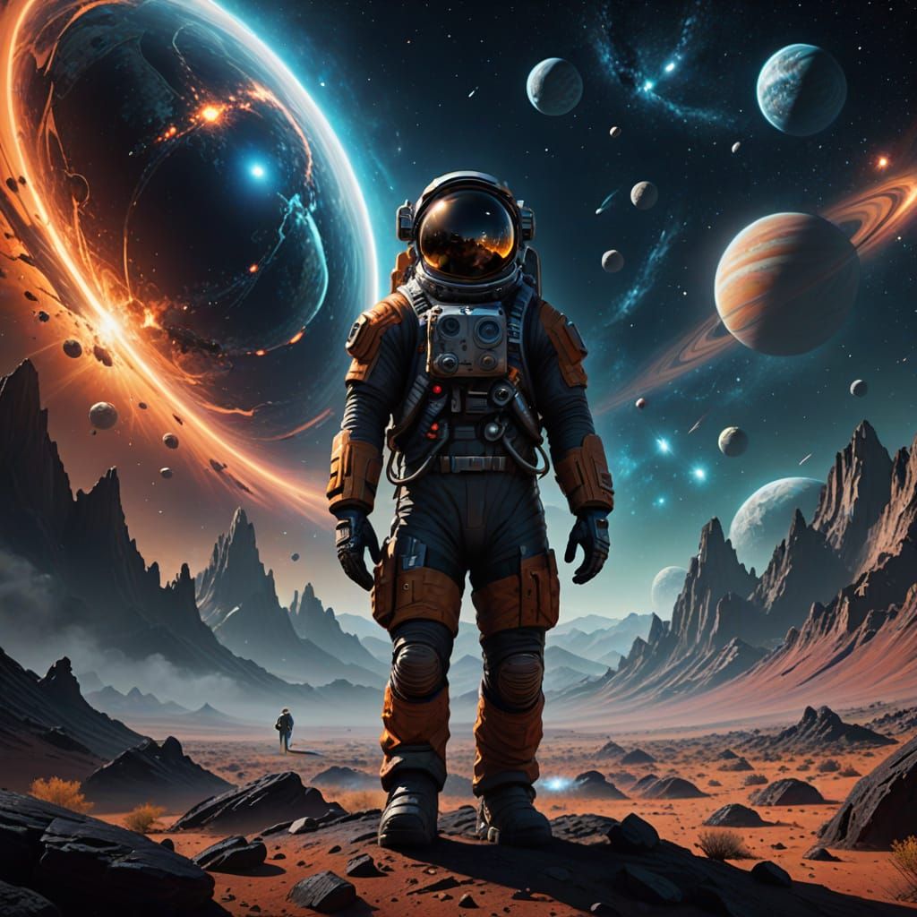 Astronaut on Alien Planet Gazing at Nebula