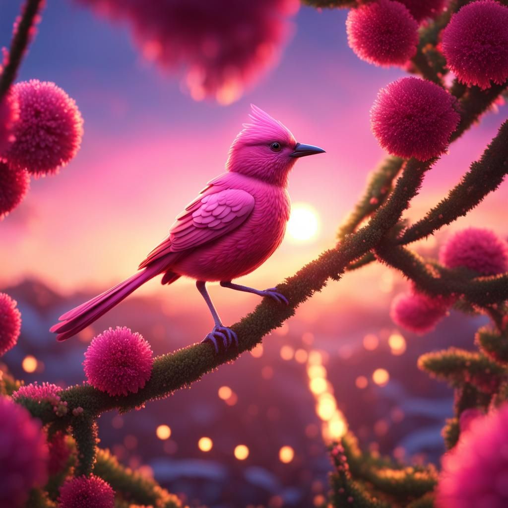 Pink Christmas Bird on Tree: 3D Digital Art