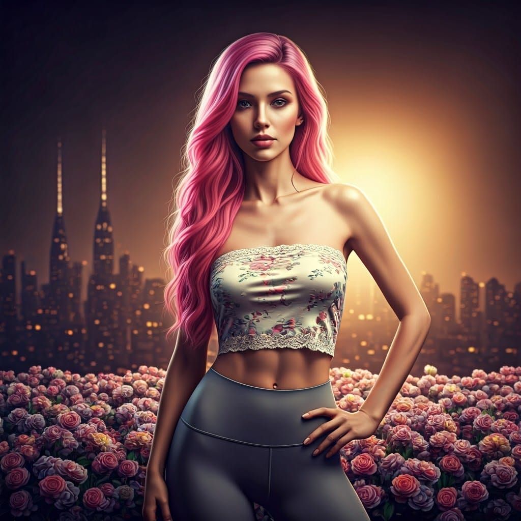 Pink-Haired Model in Floral Scene, Ethereal Style