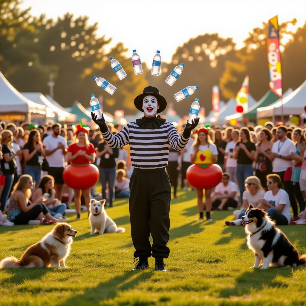 City Festival Mime Juggles Water Bottles in Golden Hour
