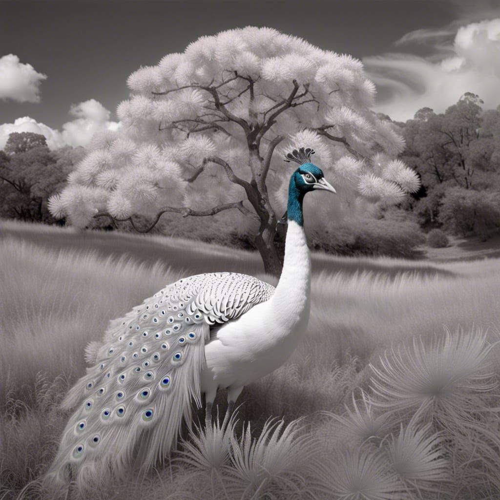 Infrared Peafowl Portrait in Surrealist Style