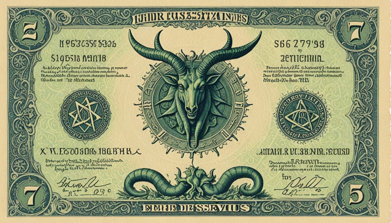Baphomet Currency: Fantasy Lithograph in Blue and Green