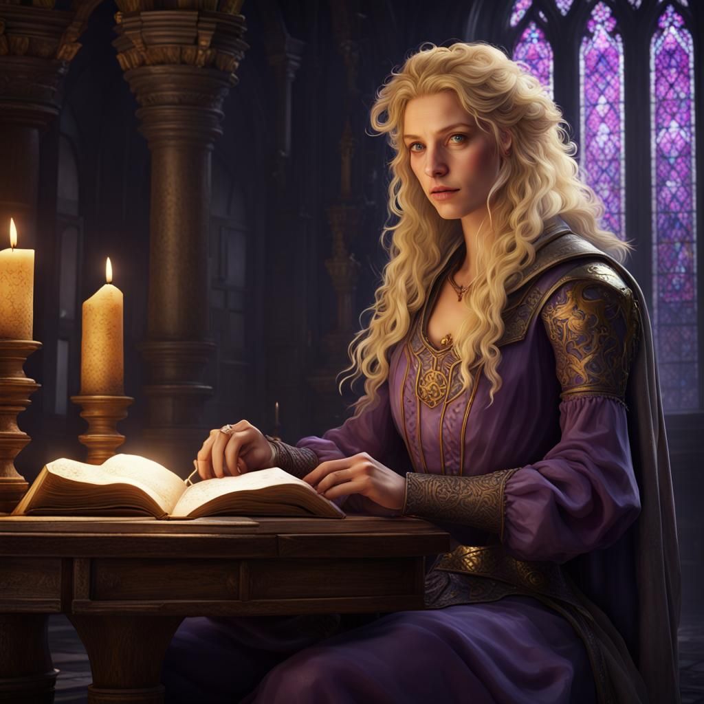 Medieval Woman Writer in Dark Fantasy Style