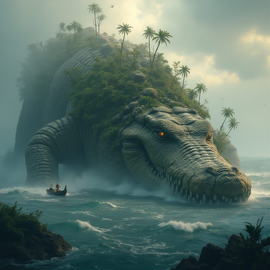 Giant Ancient Crocodile Island Emerges from Misty Ocean