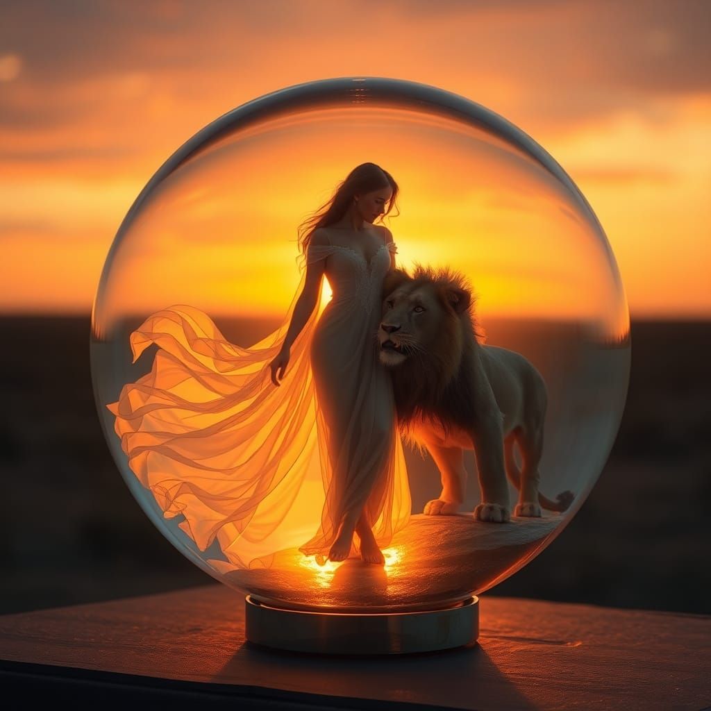 Woman and Lion in Luminous Glass Sphere