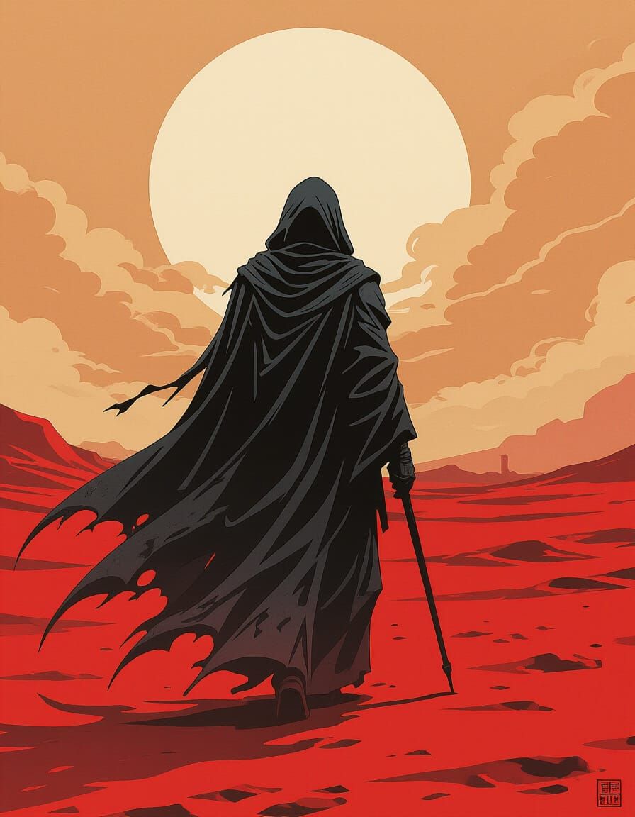 Cybernetic Priest in Red Wasteland - 80s Horror Manga Style