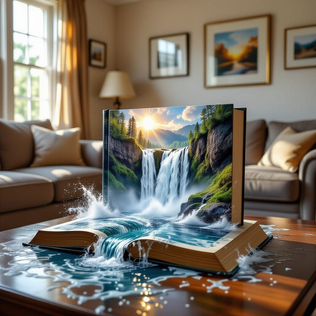 Surreal Waterfall Erupts From Book in Living Room