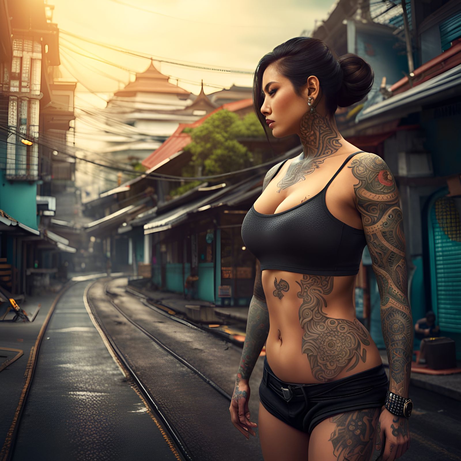Curvy Tattooed Woman in Bangkok Street Scene