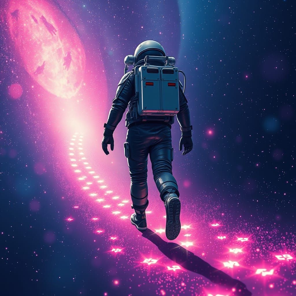 Astronaut's Glowing Footprints in Starfield, Digital Art