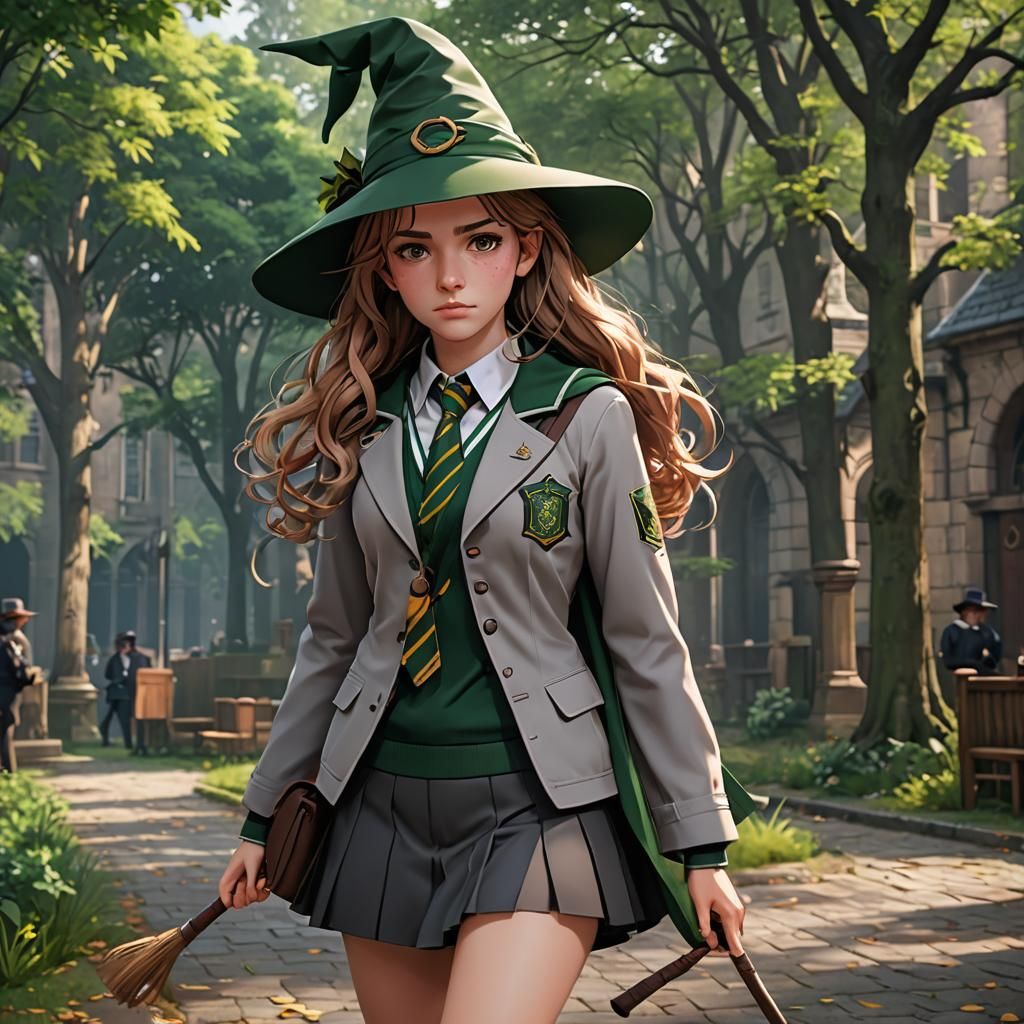 hermione granger in a slytherine school uniform and witch ha...