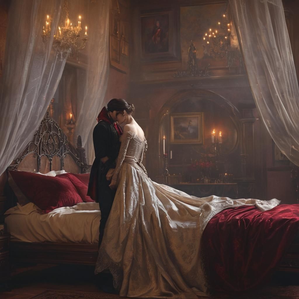 Vampire in Gothic Bedroom with Fireplace, Kinkade Style