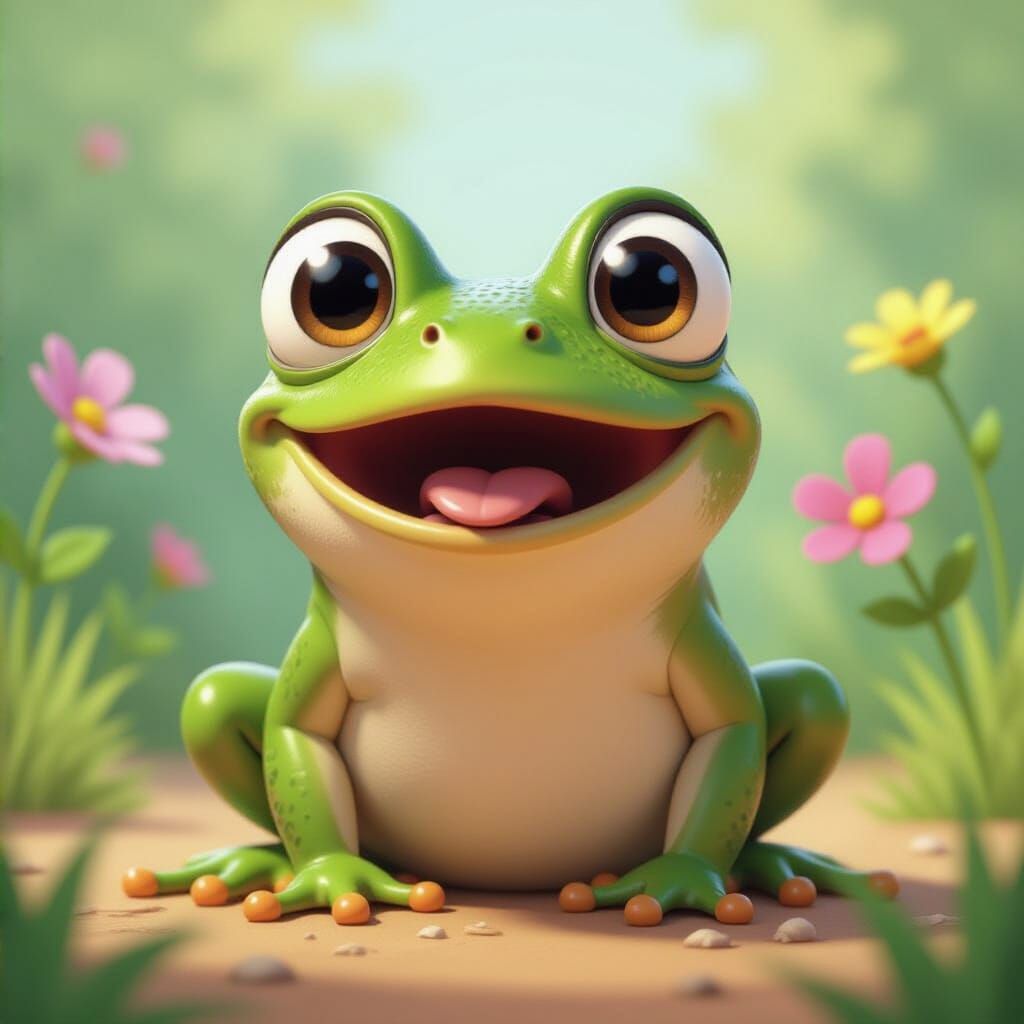 Super-surprised cute, appealing frog 3d character illustration with exagerrated expression, eyes popping out and mouth o...