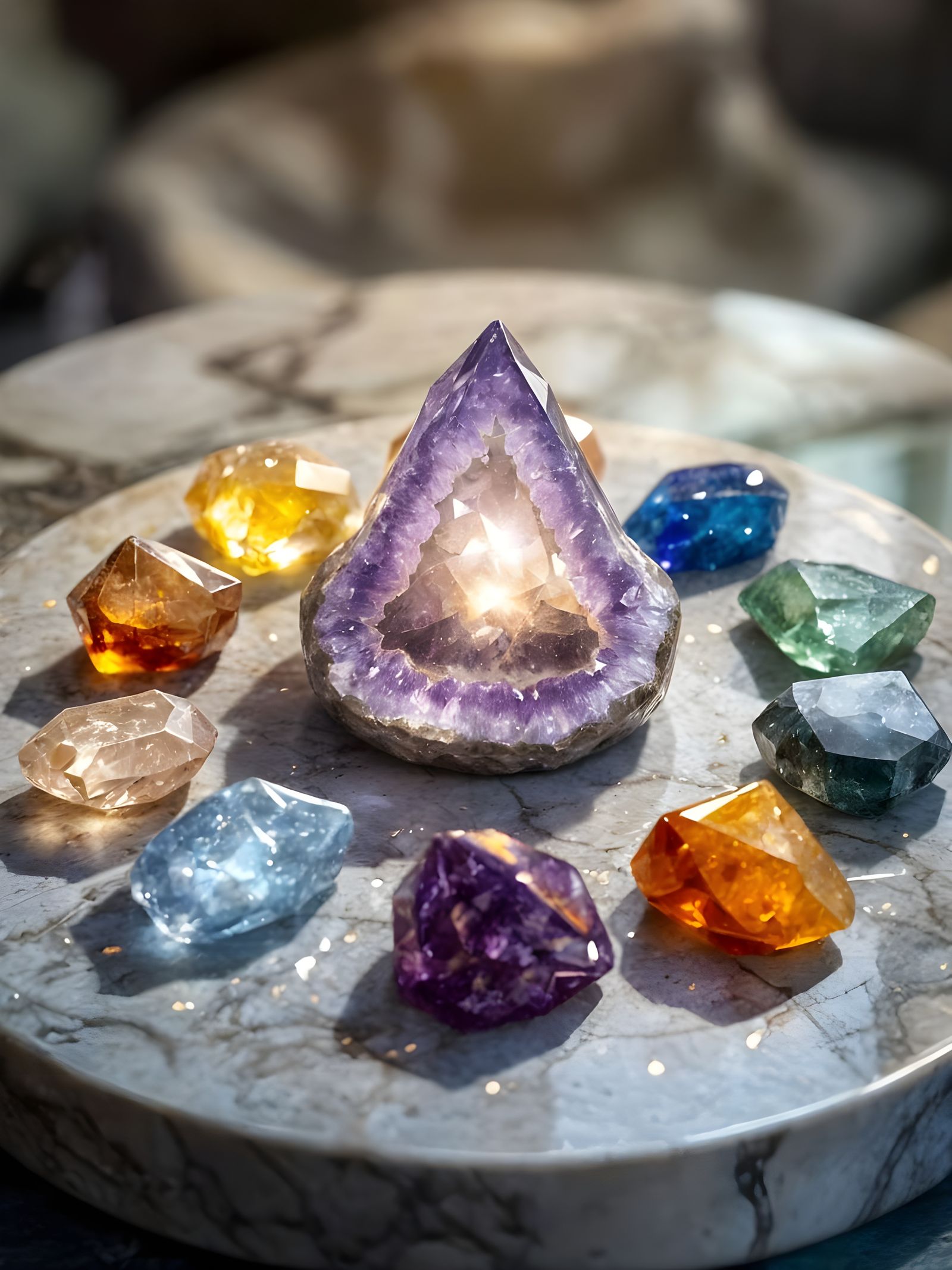 Surreal Spiritual Gathering of Glowing Crystals on Marble