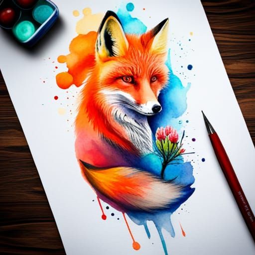 Watercolor Fox Tattoo Art with Abstract Details
