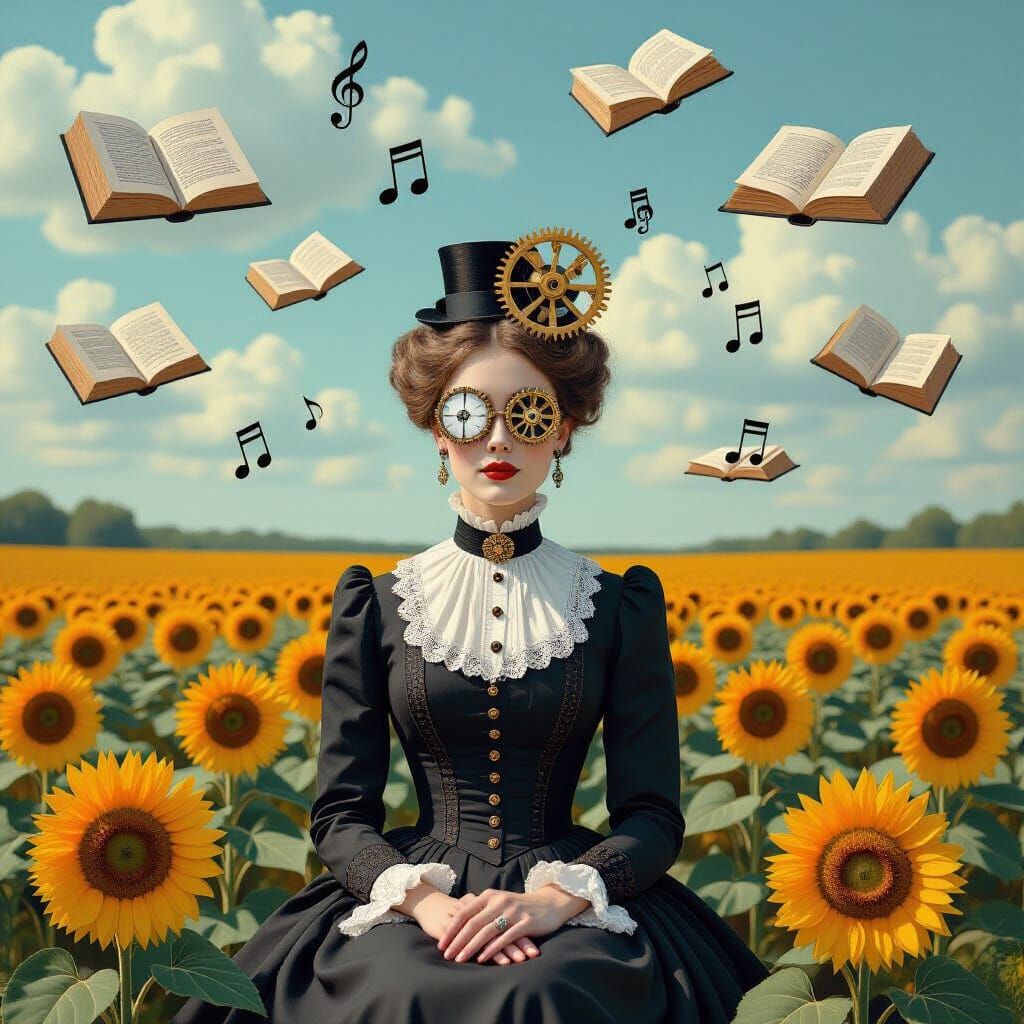 Surreal Victorian Woman in Sunflower Field Collage