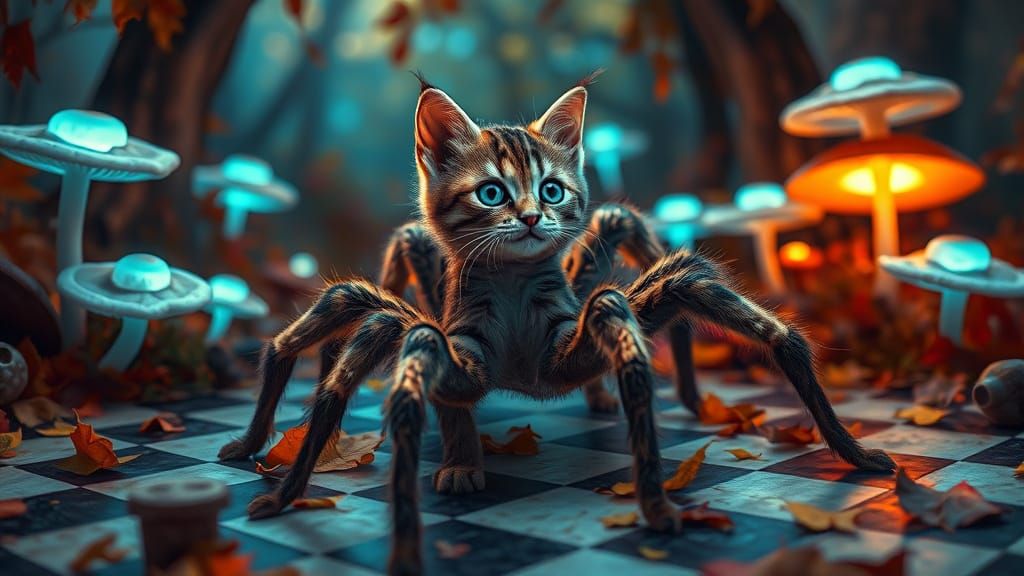 Cat-Tarantula Hybrid in Mystical Garden
