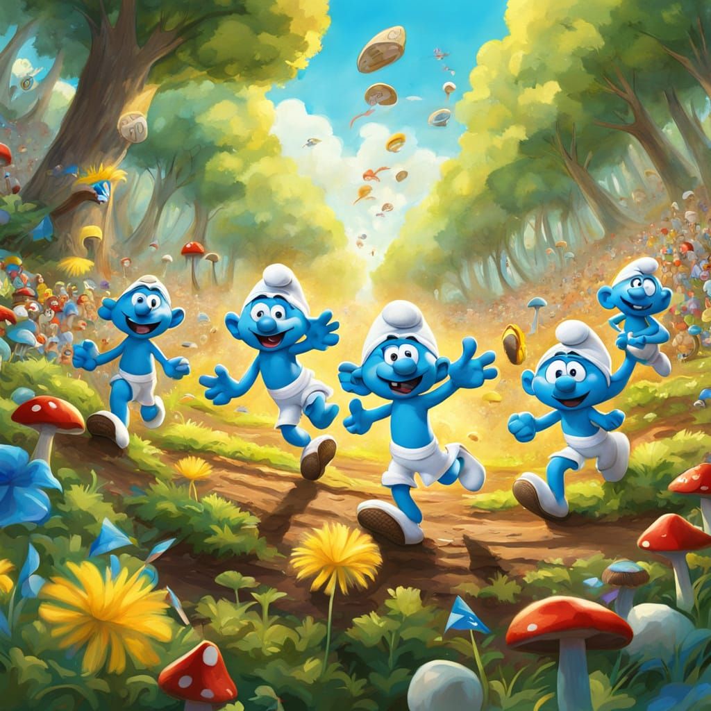 A colorful, energetic scene of dozens of Smurfs competing in...