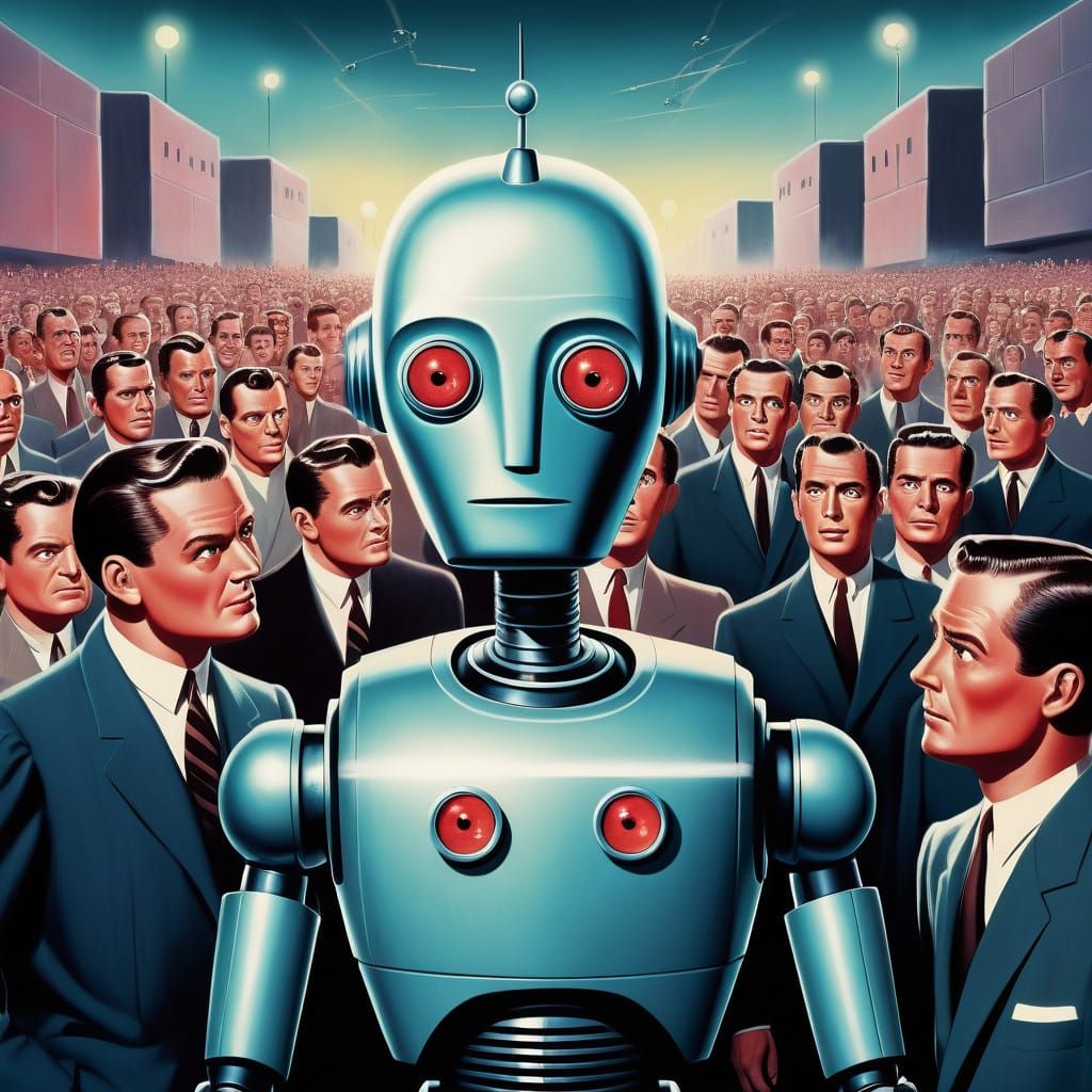 Vintage AI Robot in 50s Sci-Fi Poster Art Style