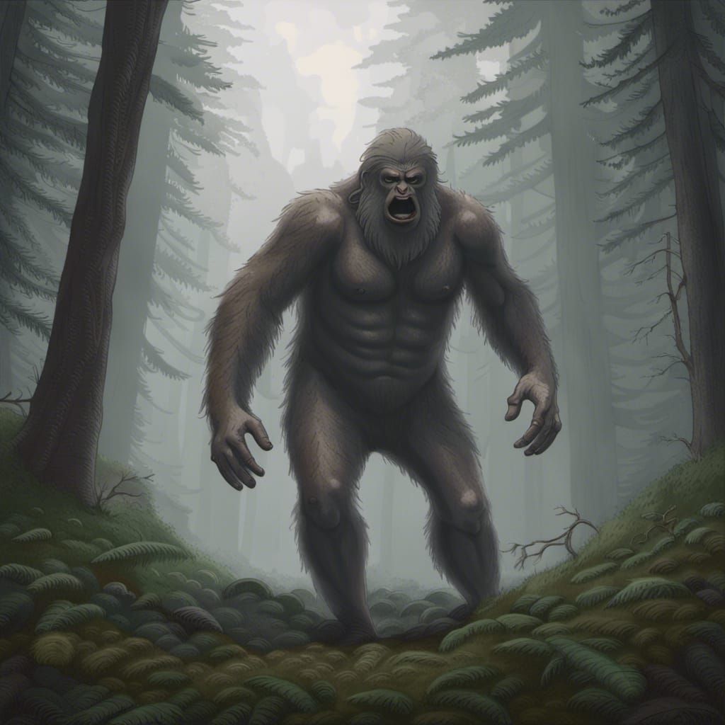 Realistic Sasquatch in Misty Forest