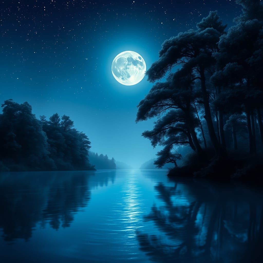 Serene Nocturnal Scene Under Brilliant Full Moon