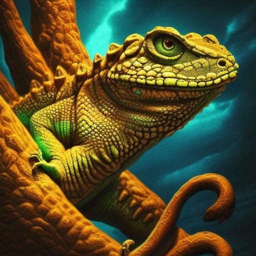 Glowing Giant Lizard in Retro-Surreal Style