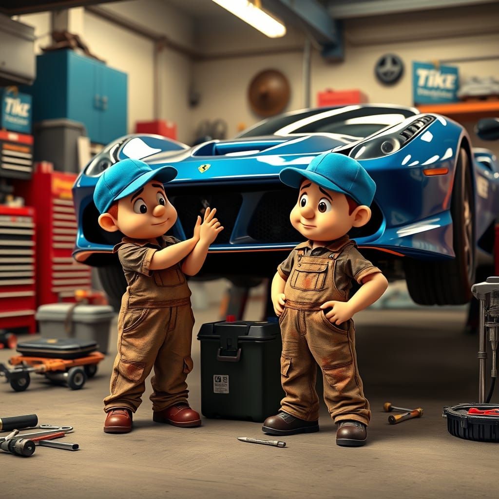 Comical Mini Mechanics Amidst a Humongous Garage