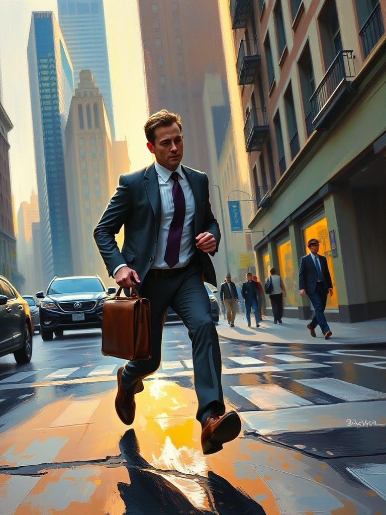 Rushing Professional in Impressionist City Scene