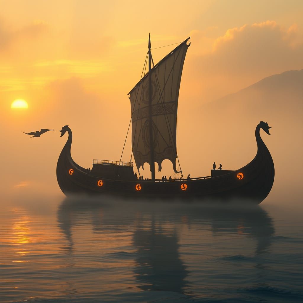 Viking Longship in Golden Sunset Glow