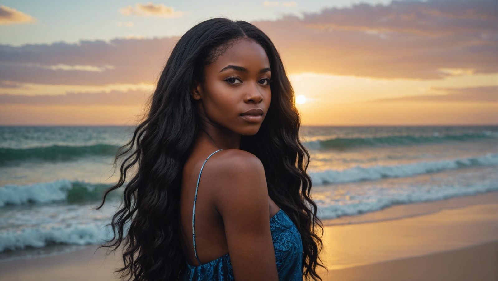 Beautiful Young Woman on Beach at Sunset