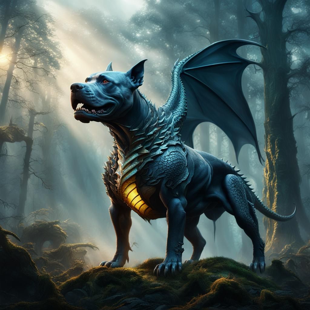 Pitbull Dragon in Misty Forest: Digital Matte Painting
