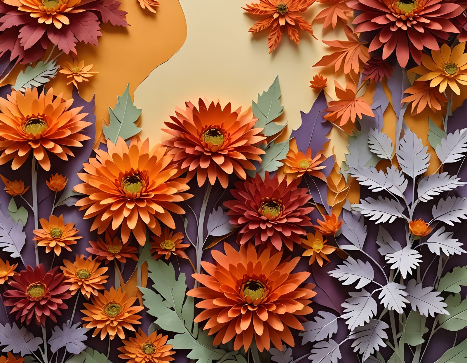 Paper Collage of Fall Garden with Mums