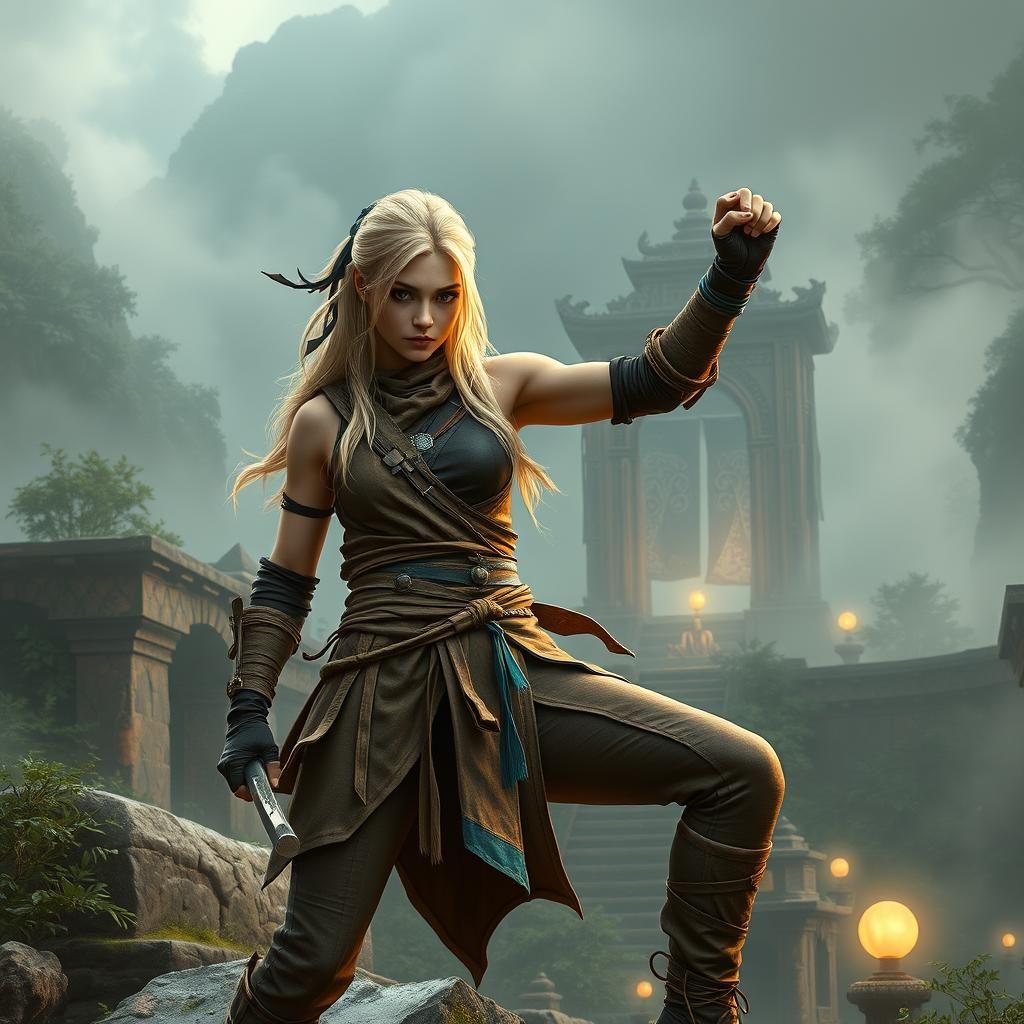 Heroic Ninja on Ancient Temple Ruins