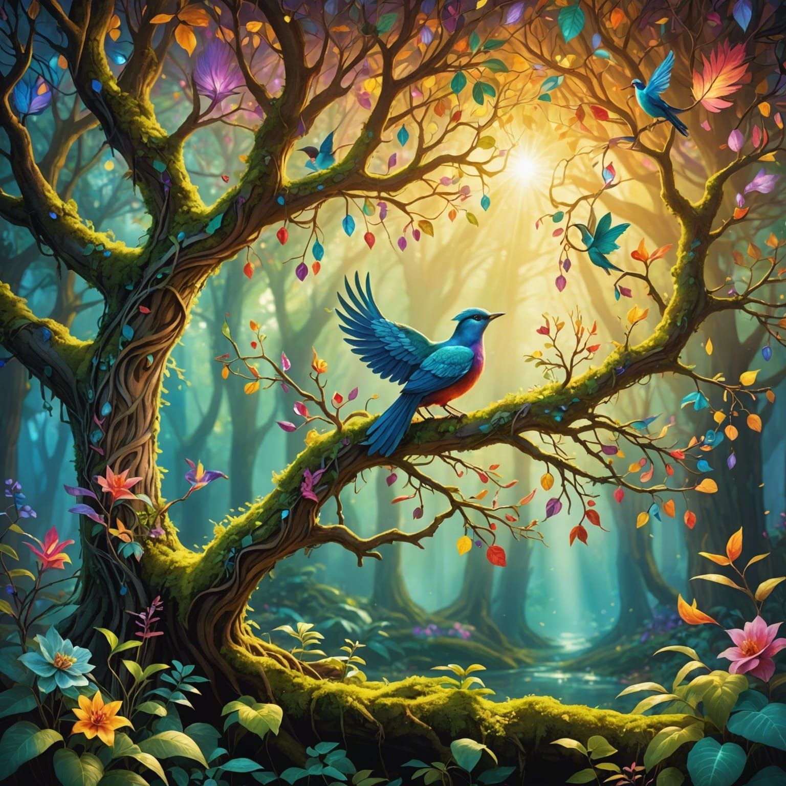 Enchanted Forest Scene with Exotic Bird