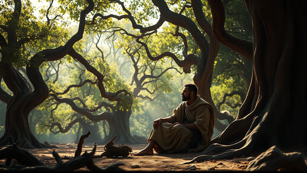 Weary Warrior Contemplates Exile in Forest Glade