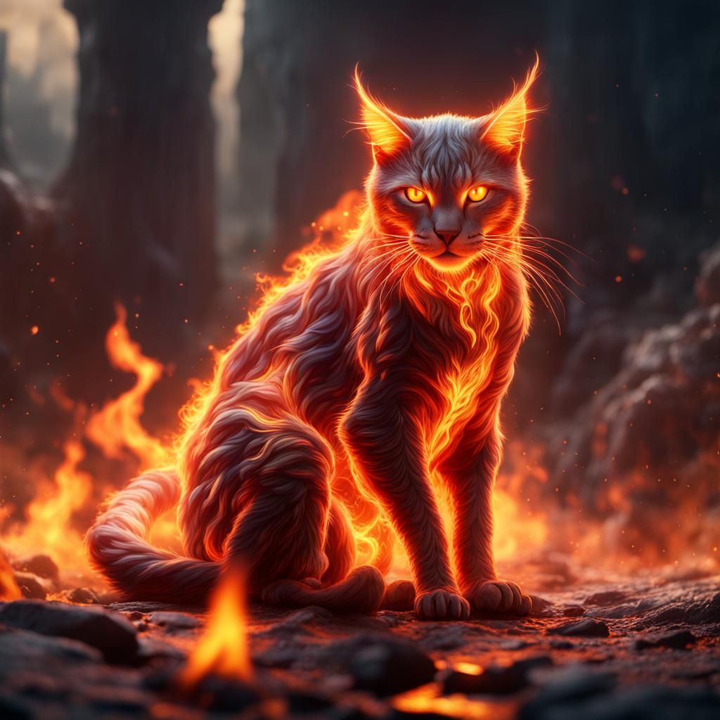 Fiery Cat Unleashes Power: Detailed Fantasy Art