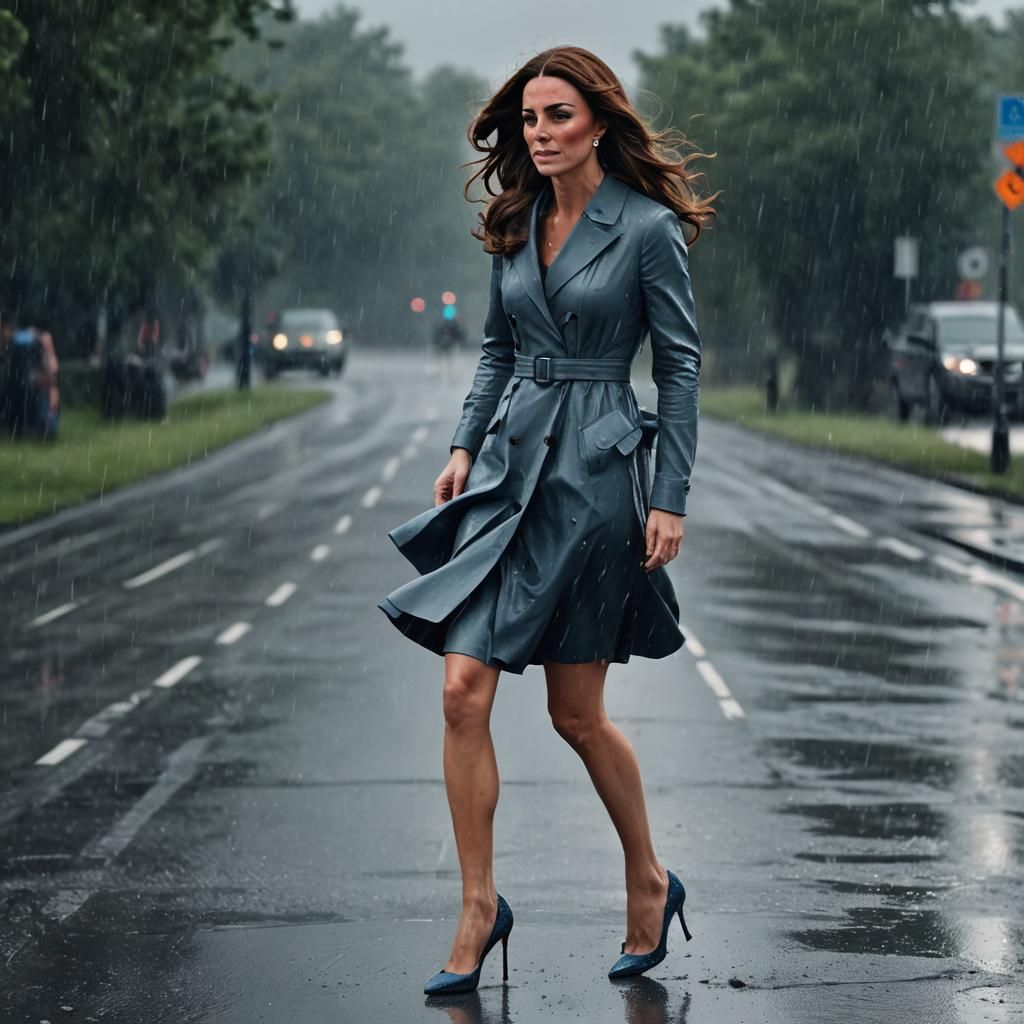 Elegant Kate Middleton Strolls Through Rainy Road in Moody G...