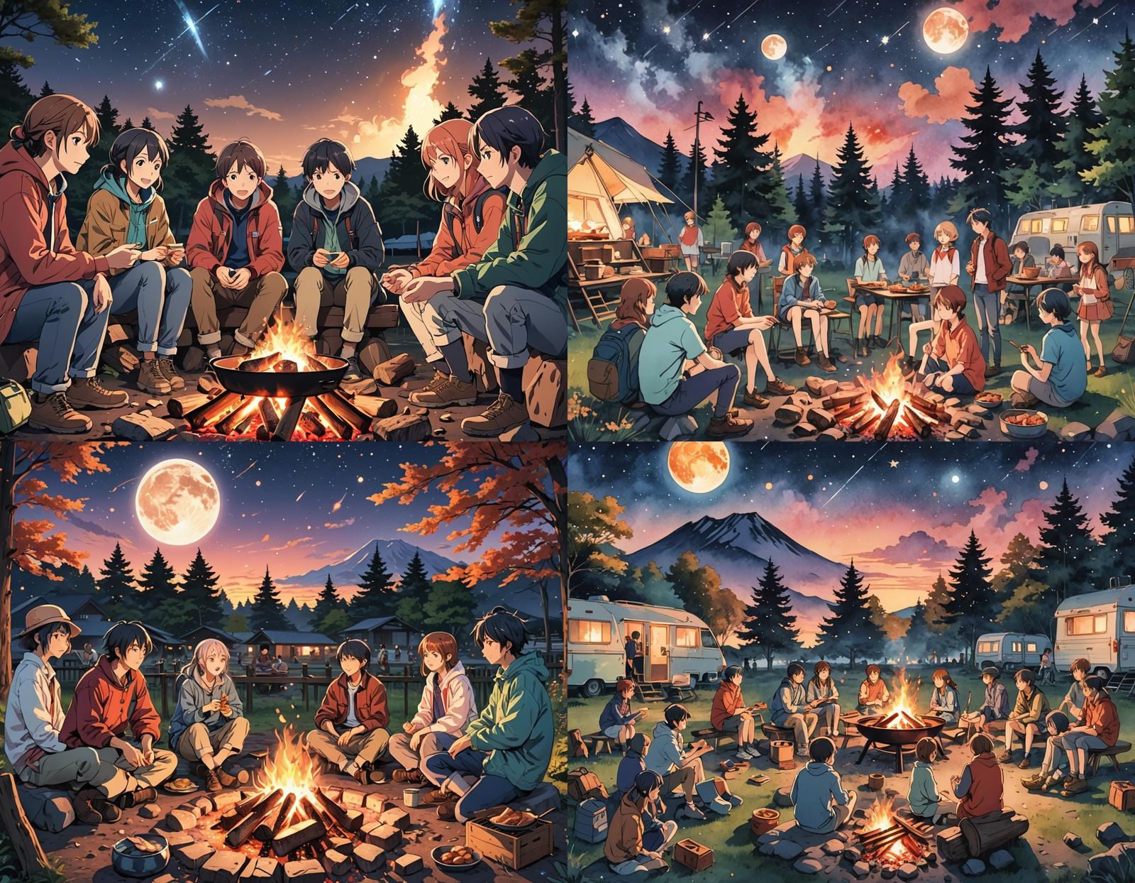Campfire Anime Illustration Under a Starry Night