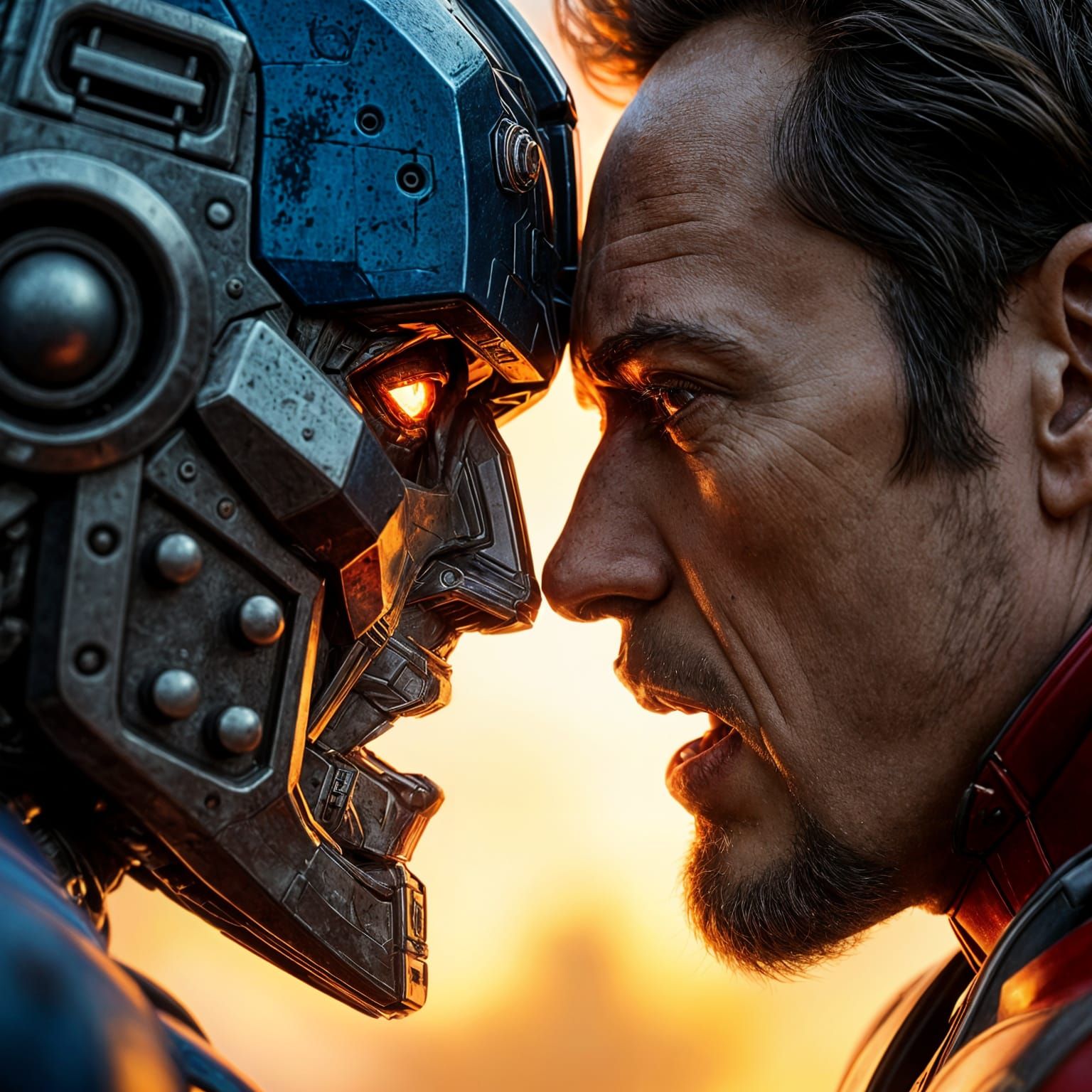 Optimus Prime and Iron Man Split Face Reflecting Nuclear Exp...