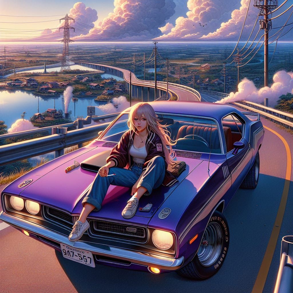 Blonde Girl Driving Cuda in Anime Style