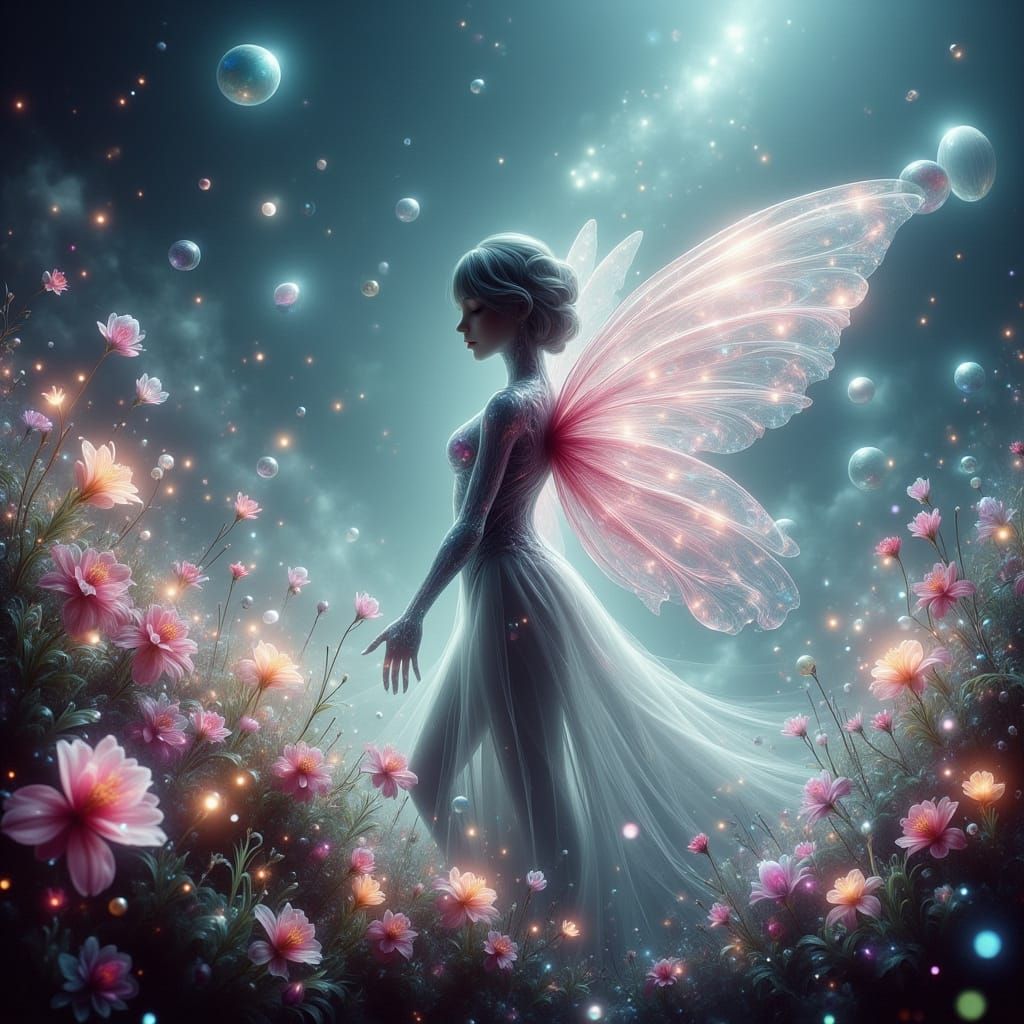Cyborg Fairy Tending a Bioluminescent Garden