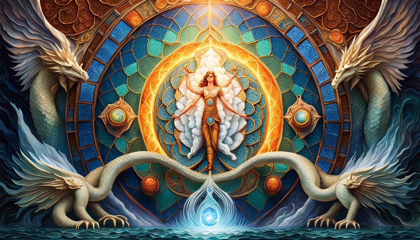 Mont Saint Michel, Archangel Gabriel, dragon kundalini colored chakras lighing them entwine, 3D, porcelain texture, marb...