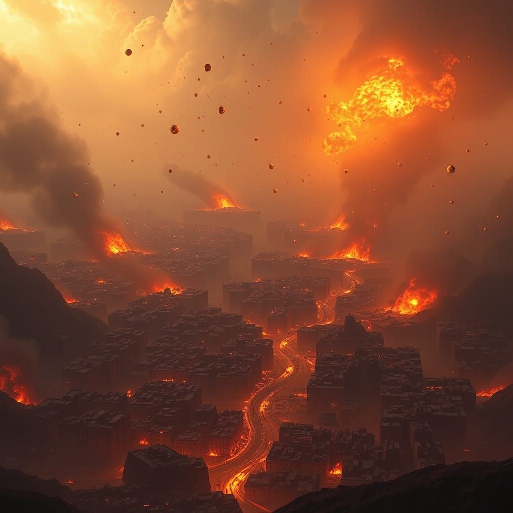 Apocalyptic Cityscape: Sodom and Gomorrah Engulfed in Fiery...