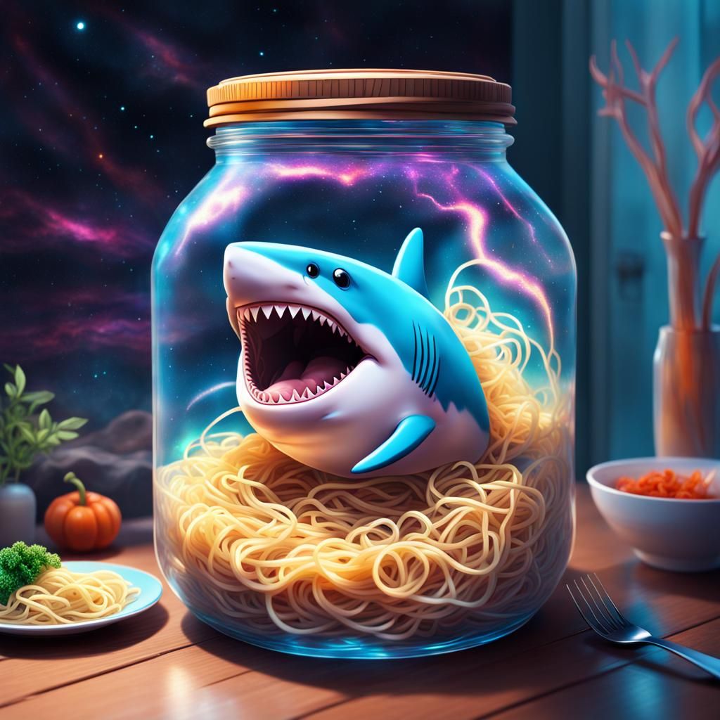 Shark Ghost Eats Noodles: Holographic Astral Illustration