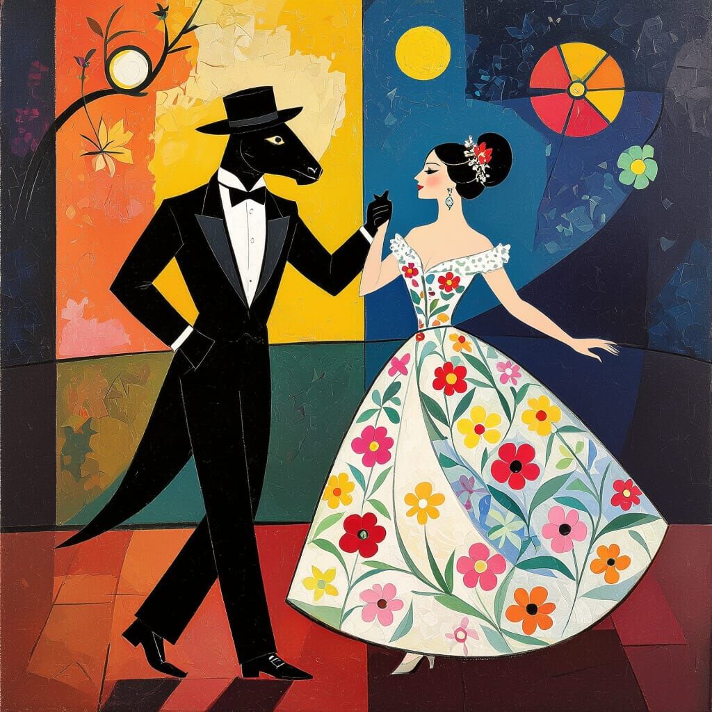 Alligator Waltzing with Cow in Art Nouveau Style