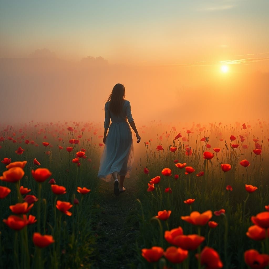 Bucolic Poppy Field at Sunrise, Impressionist Style